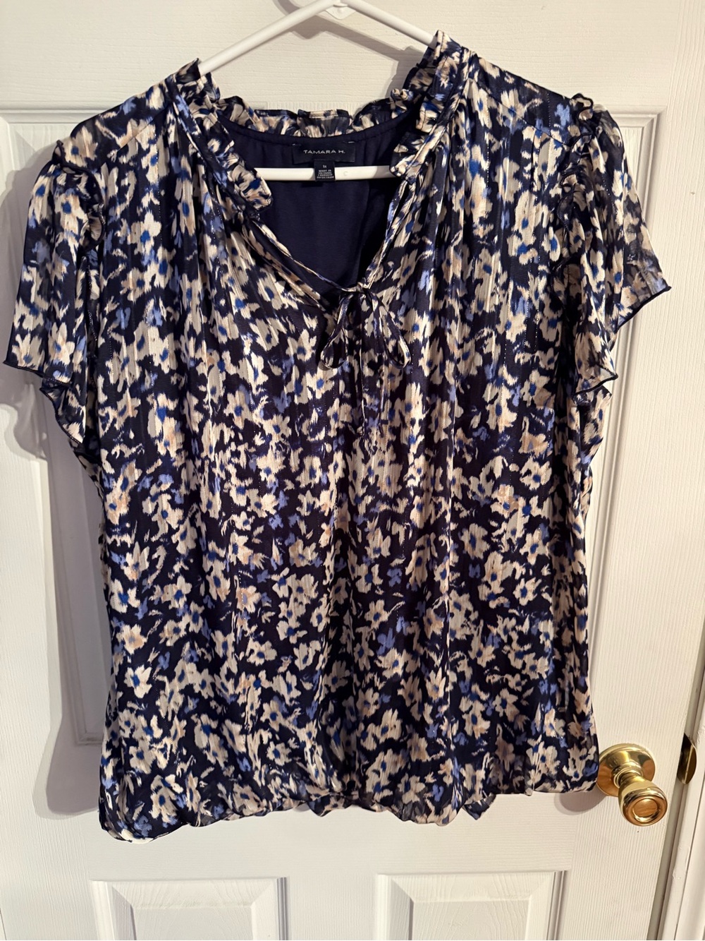 Tahari Navy Floral Tie-Front Short Sleeve Blouse
